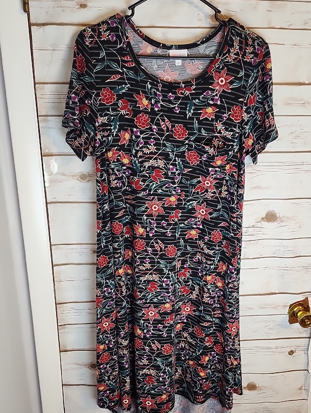 LuLaRoe Carly Black Floral & Stripes Midi Dress Size Medium